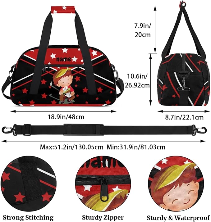 Custom Name Red Black Golf Boy Gym Travel Duffle Bag with Front Zipper Pocket Personalizedfor Sports Bag for Overnight, Weekender, Carry On,Workout & Dance, 18.9 * 8.7 * 10.6 in