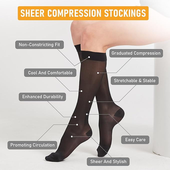2 Pairs Sheer Compression Socks for Women - 15-20 mmHg Knee High Sheer Compression Stockings for Support Circulation Swelling Edema Work Office Travel, Black, Large