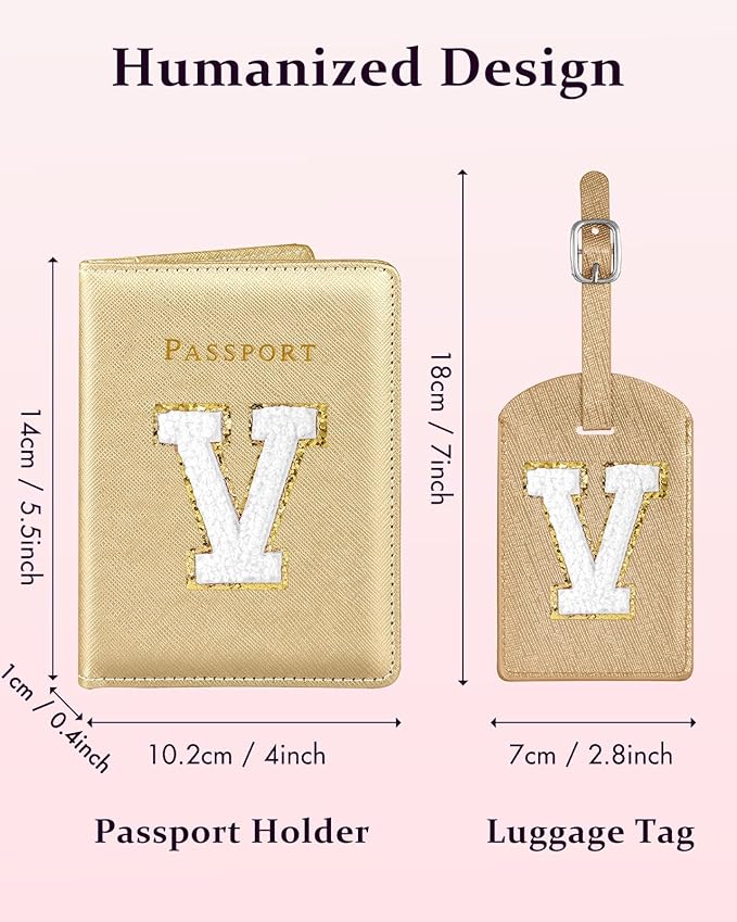 Slohif Passport Holder Initial Lugguage Tag Set Suitcase Cover Wallet Case for Travel Women - Leather Letter Passport Book Personalized Organizer Card Protector Sleeve Essentials Slim Carrier Gold V