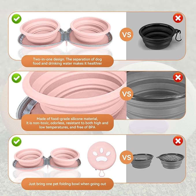 Collapsible 2-in-1 Dog Bowls: Leakproof Double Silicone Food & Water Bowl for Travel, Camping, Hiking - Portable Cat & Dog Feeding Supplies (Pink)