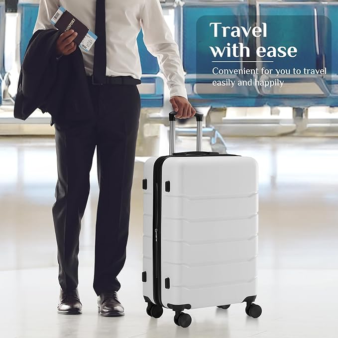 NEWBULIG 24 Inch Carry on Luggage, Lightweight Expandable Rolling Suit Case with TSA Lock, Hard Shell ABS Suitcase with Double Spinner Wheels, White