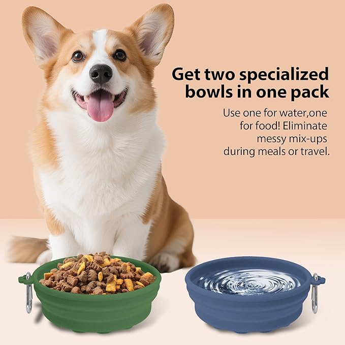 2-Pack Collapsible Dog Bowls with Suction Cups & Scraper - 16oz Travel Pet Bowls for Food/Water, Non-Slip Feeding Dish for Dogs, Includes Carabiner Clip Grey&Olive Green