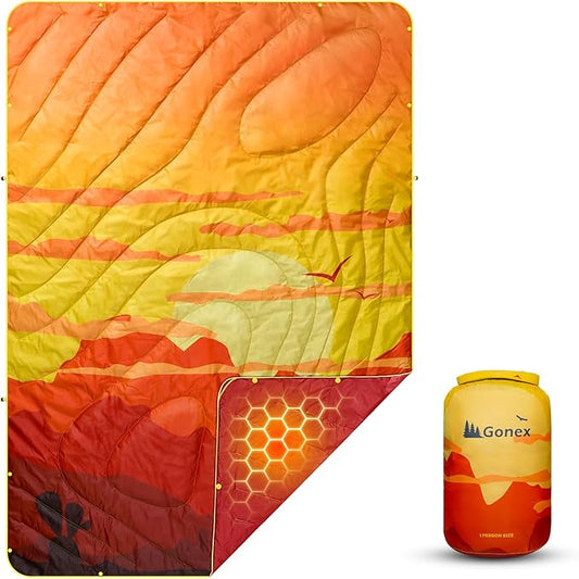 Gonex Camping Blanket with Aero-Warmth Tech Layer, Puffy Printed Packable Blanket Ultralight & Warm Wearable Water-Resistant Quilt for Outdoor, Camping, Hiking, Travel, Picnics 79" X 55"(Desert)