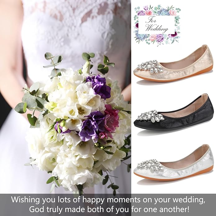 KUNWFNIX Women Ballet Flats Rhinestone Wedding Ballerina Shoes Foldable Sparkly Comfort Slip on Flat Shoes