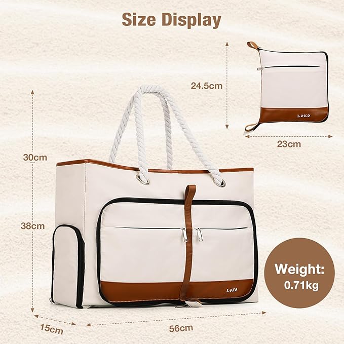 Beach Bag for Women - 35L Large Tote Bag, Waterproof & Sandproof, Zippered Carry On Bag for Pool, Beach & Travel