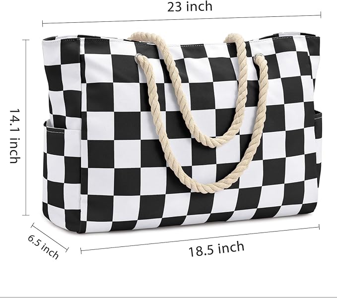Becokan Beach Bags for Women Checkered Large Beach Tote Bag Zipper Beach Bags Waterproof Sandproof Canvas Swim Pool Bag