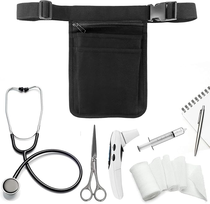 Medical Organizer Belt for Nurse, Multi-Compartment Nurse Fanny Pack Storage Waist Bag Pouch for Medical Scissors Care Kit Tool,Black