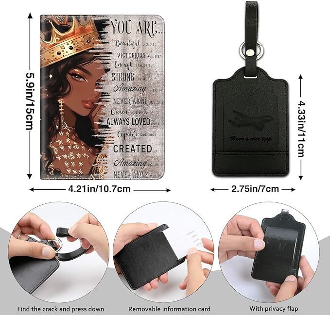 Passport Holder Women Wallet with Luggage Tag, Leather Passport Cover with RFID Blocking, Travel Accessories Multi Card Slot Passport Case for Men，African American Black Girl Quotes