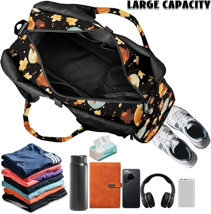 Maple Leaf Pumpkins Small Gym Bag for Women with Shoe Compartment Duffle Bag for Travel Carry On Overnight Weekender Bags Fitness Workout Yoga Tote Bags for Thanksgiving Themed Gifts