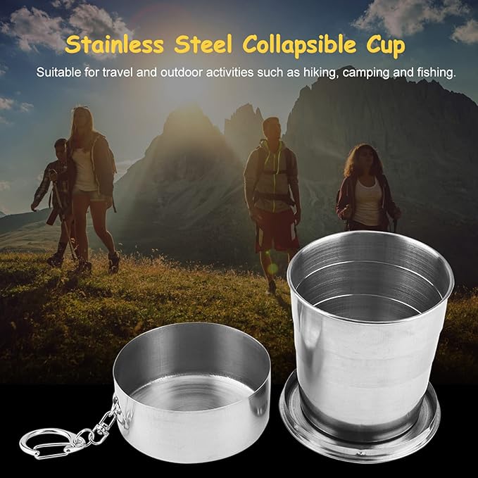Stainless Steel Collapsible Cup, Folding Camping Cup Portable Shot Glass Foldable Drinking Cup Drinkware with Lid and Keychain for Outdoor Travel Picnic Fishing Hiking Cycling Water, 250ml