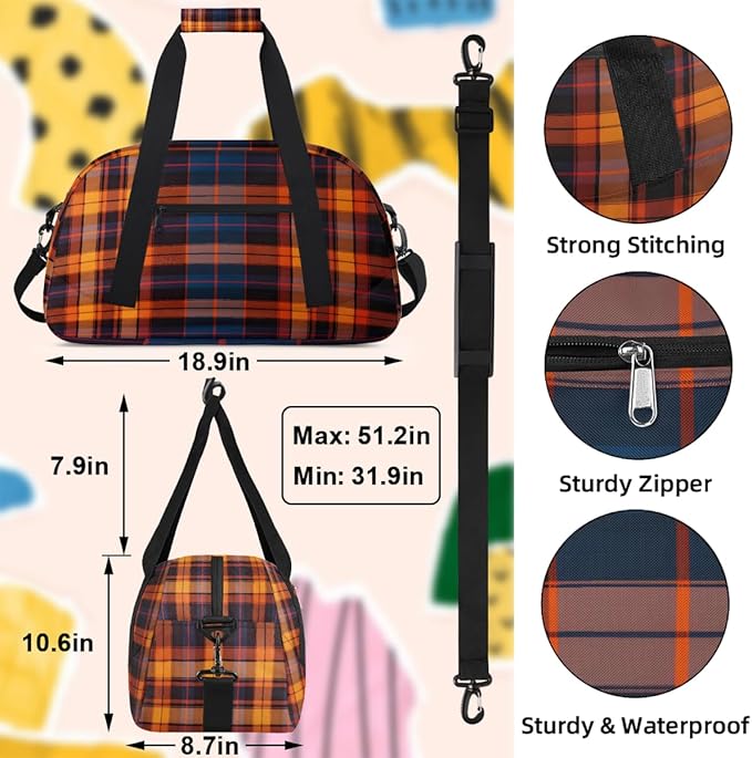 Sports Duffel Bags, Orange Plaid Water-Resistant Gym Duffle Bag for Men Women, Lightweight Weekender Overnight Bag for Fitness, Workout, Travel