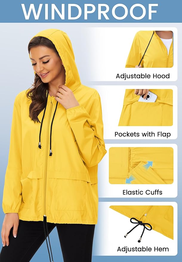 Zando Lightweight Rain Jacket Women Waterproof - Raincoat for Women Packable Rain coat Hooded Windbreaker for Travel Outdoor
