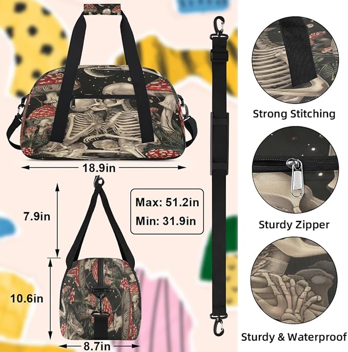 Travel Duffle Bag for travel duffle bag sports Girls Boys Kids Halloween Skull Mushroom Lightweight Overnight Sleepover Weekender Bags Small Dance Gym Sport Bag Teens Carry-On Size Workout Bag