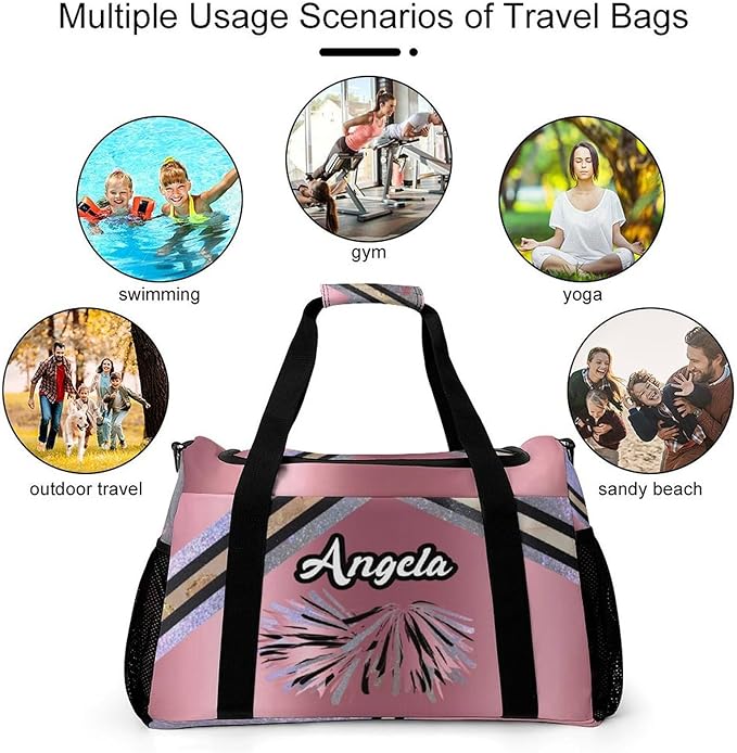 Personalized Sports Bag Name Duffel Bags with Adjustable Shoulder Strap Pink Cheer Rose Red Cheerleaders Travel Bags Perform Training Weekender Bag