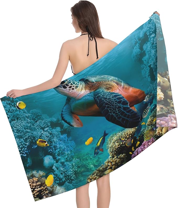 Beach Towel,Undersea World Turtle and Colorful Corals Lightweight Compact Sand Free Quick Dry Oversized Pool Swimming Towels for Girls Women Adults,29.5"×59"