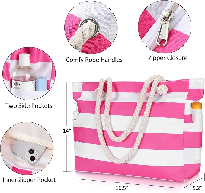 Clothirily Beach Bag for Women - Large Beach Tote Bag, Waterproof Sandproof Beach Bag with Zipper, Large Swim Pool Beach Tote