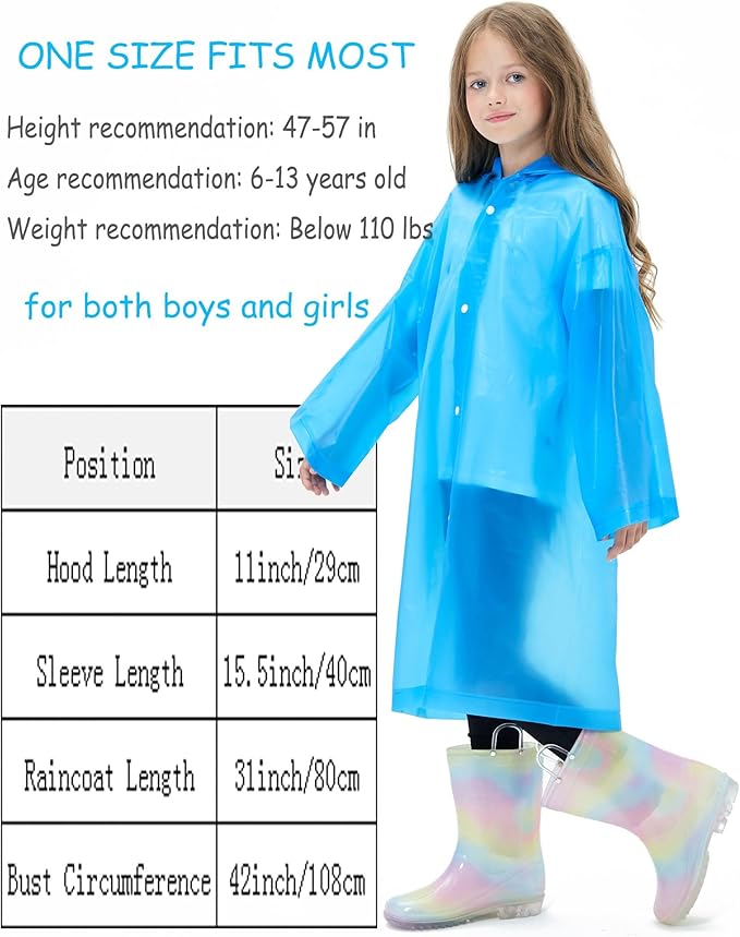 2 Pack Reusable Waterproof Raincoat EVA Emergency Rain Ponchos One Size Rain Jacket for Children, Boys and Girls