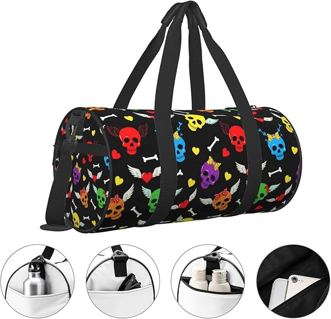 Duffle Bag Lightweight Unisex Carry On Small Gym Bag Sports & Travel Duffel Bags Colorful Funny Cartoon Skulls Love Hearts for Men and Women