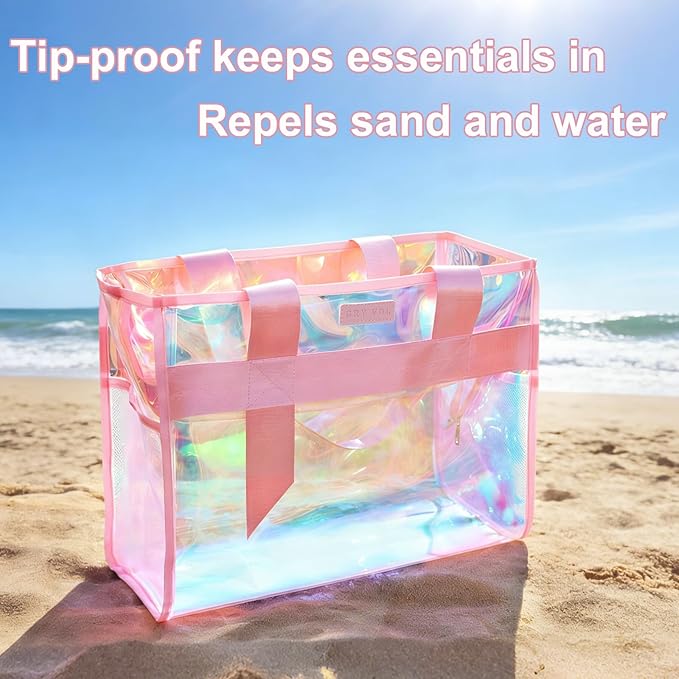 2-Piece 26L Iridescent Beach Bags for Women,Purple Beach Tote Bag & Pink Clear Tote Bag, Large Waterproof Beach Bags for Family Summer Travel Essentials