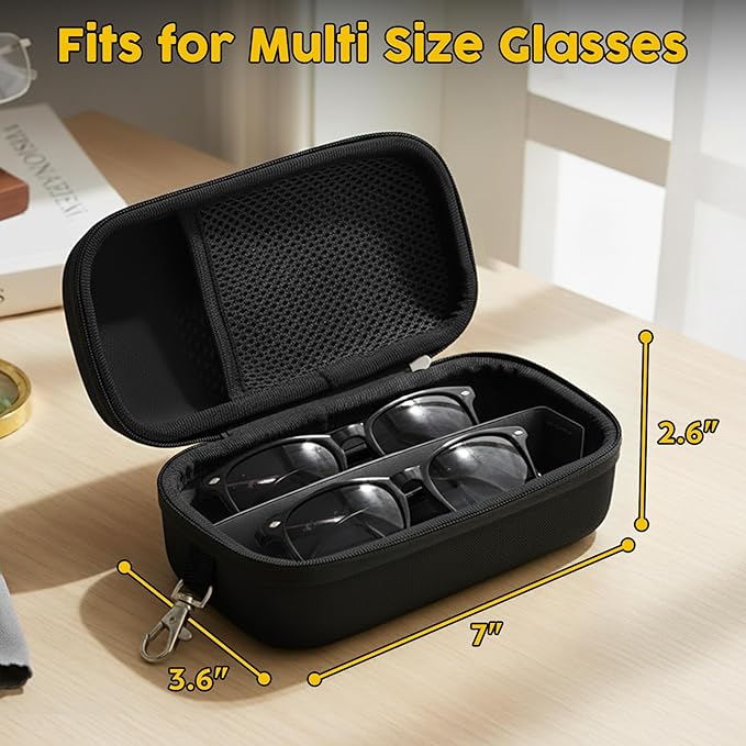 Double Eyeglasses Case,Hard Shell Glasses Case Travel Sunglasses Organizer with Adjustable Slot & Clip for Men Women