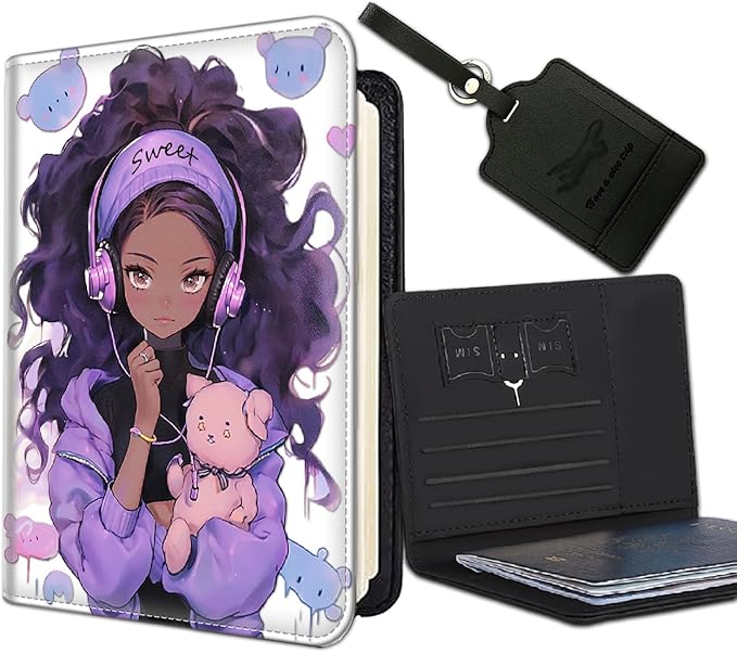 Passport Holder Women Wallet with Luggage Tag, Leather Passport Cover with RFID Blocking, Travel Accessories Multi Card Slot Passport Case for Men，Purple Girl