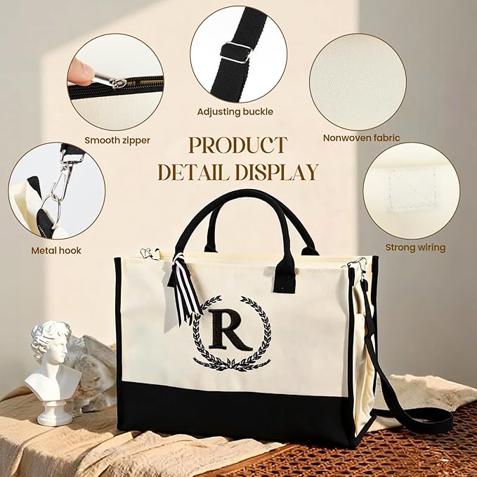 Personalized Canvas Tote Bag for Women Makeup Pouch Initial Beach Bag Removable Bottom Board for Travel Birthday