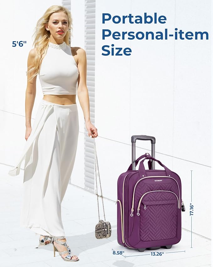 BAGSMART Underseat Carry On Luggage Airline approved,16-inch Underseater Softside Travel Suitcase with Wheels Lightweight Overnight Rolling Carry-on Luggage for Women Men Weekender, Purple