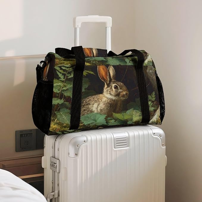 Wild Bunny Forests Leaves Plant Duffle Bag Gym Bag for Workout Travel Tote with Detachable Straps
