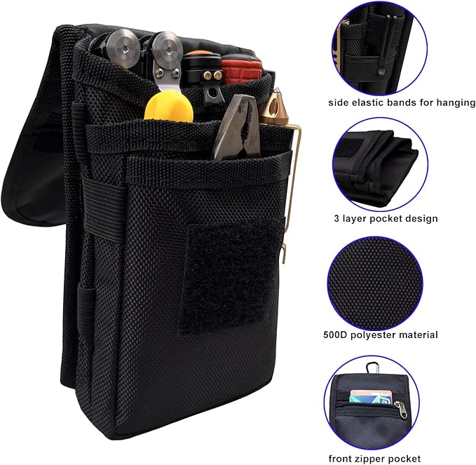 Belt Tool Pouch Holster, Multitool Organizer Pouch for EDC Gears Cellphone Case, Maezar Utility Sheath Bag, Nylon Tactical Tool Bag for Men, Small Pocket Phone Holder with D-Ring, Zipper(Black)