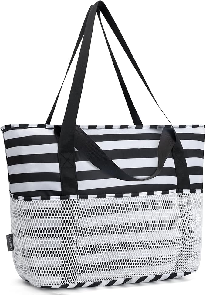 KABAQOO Large Beach Bag Waterproof Sandproof Tote Bag for Women with Zipper & Mesh Pockets for Pool Swim Travel Everyday