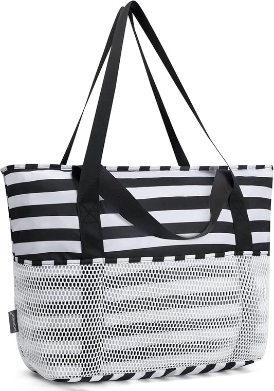 KABAQOO Large Beach Bag Waterproof Sandproof Tote Bag for Women with Zipper & Mesh Pockets for Pool Swim Travel Everyday