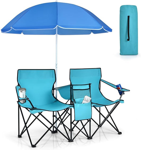 KOTEK Double Camping Chair, Folding Camp Chair with Removable Umbrella, Cup Holders, Cooler Bag, Side Pocket & Carry Bag, 2-Person Beach Chair for Outdoor, Sports, Concerts, Travel, Picnic (Turquoise)