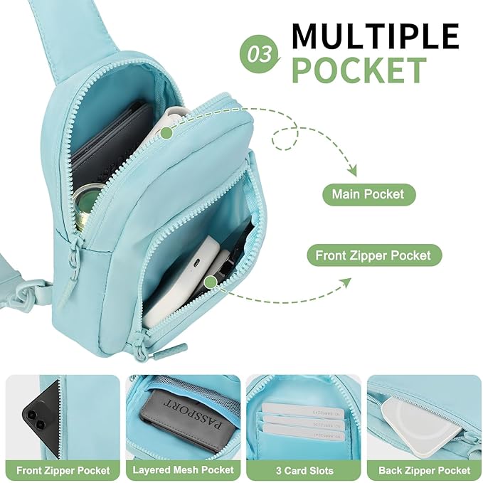 Mini Sling Bag for Men Women, Small Travel Fanny Packs Crossbody Anti Theft Reversible Nylon Chest Bag for Running Hiking (Blue)
