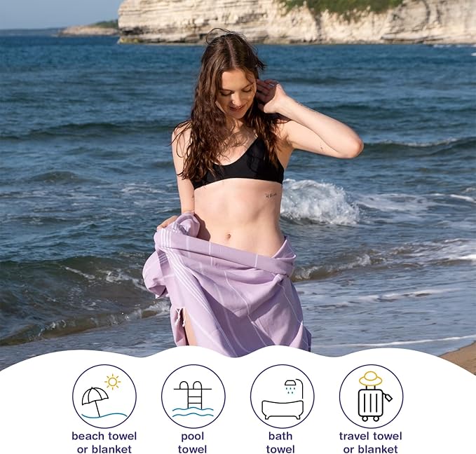 Turkish Beach Towels, Bulk Case of 36 | Oversized, Quick Dry, Sand Free | 100% Cotton, Large 38x71 Towels for Beach, Pool, Travel | Ultra-Soft, Compact, Absorbent | Lilac