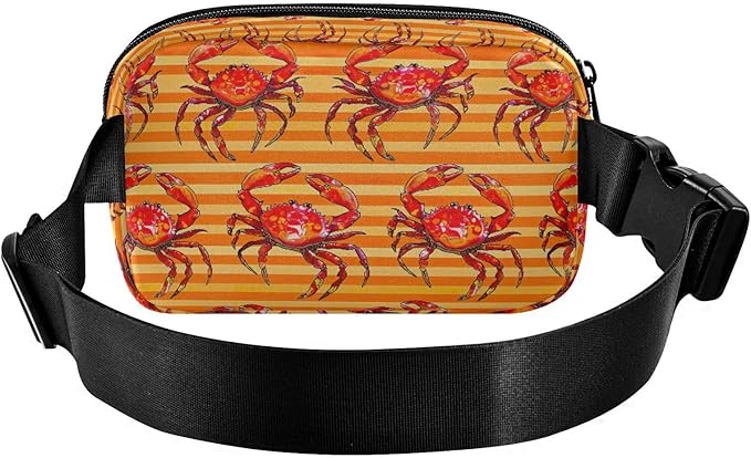Red Crabs on Orange Stripe Fanny Pack for Women Men Water Resistant Fashion Waist Packs with Adjustable Strap Belt Bag for Travel Workout Jogging Hiking 21219150