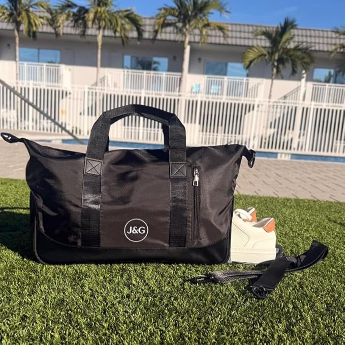 J&G Waterproof Gym Duffel Bag – Lightweight Travel & Sports Bag with Shoe Compartment and Wet Pocket for Men & Women – Carry-On Weekender for Gym, Beach, Trips – 8 Colors (Black)