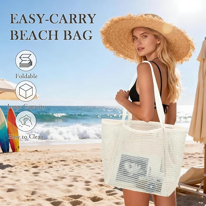 Fammart Mesh Beach Bag for Women, Summer Straw Tote Hobo Pool Bags with Zipper Pocket, Travel Vacation Cruise Essentials 2026