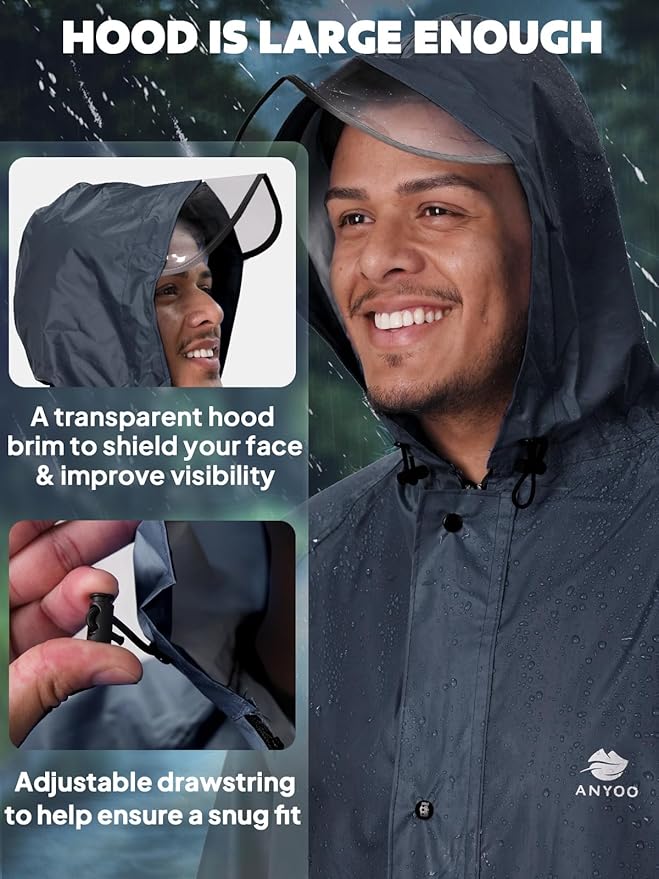 ANYOO Waterproof Rain Jacket for Men Women Lightweight Long Sleeve Raincoat with Hood Emergency Rain Poncho Adults for Hiking