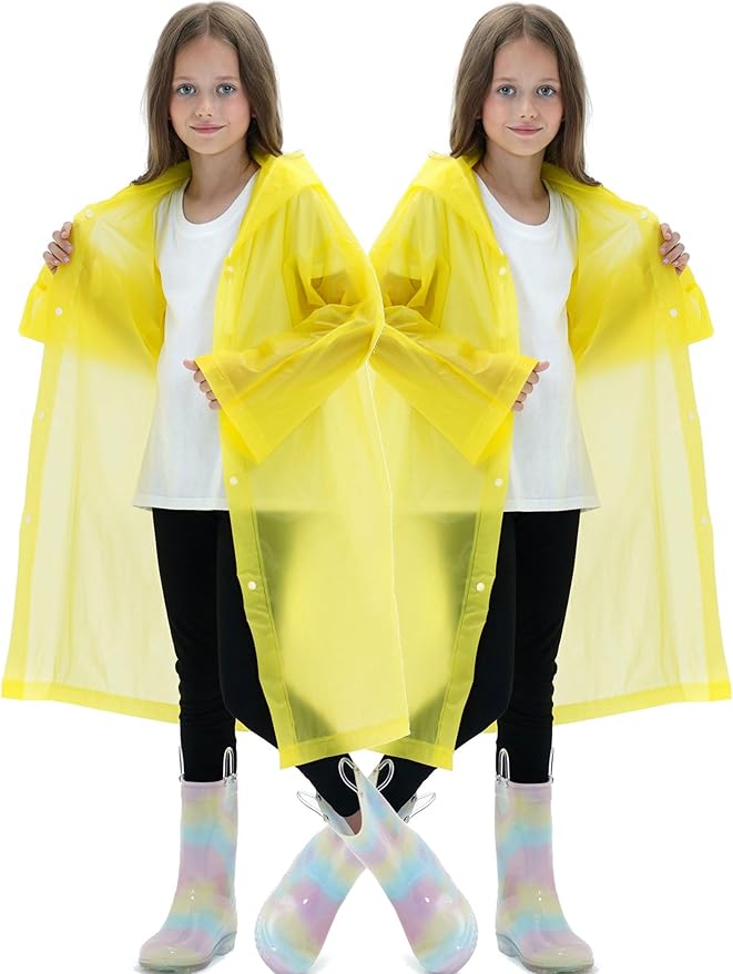 2 Pack Raincoats for Kids, Reusable Rain Ponchos with Hood and Sleeves Rain Coats for Boys and Girls