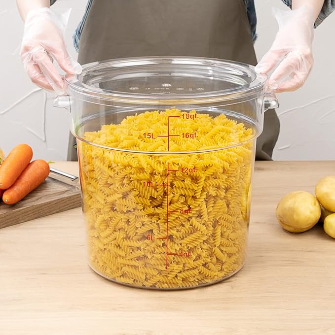 Restaurantware Met Lux 18 Quart Food Storage Container, 1 Round Commercial Storage Container - Lid Sold Separately, With Volume Markers, Clear Plastic Food Prep Bucket, Space-Saving Storage