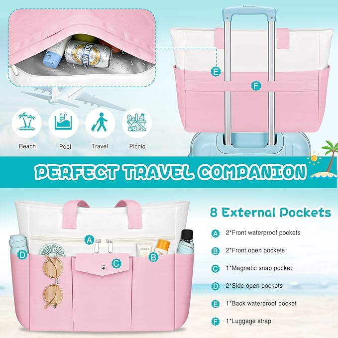 Beach Bags for Women Large Canvas Beach Tote with Zipper Wet Pocket, Waterproof Foldable Swim Pool Travel Tote Bags