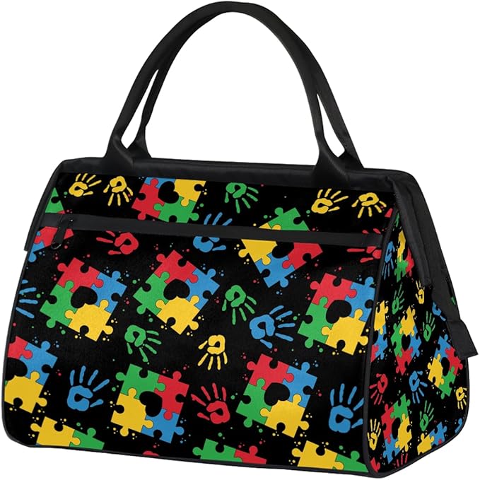 Sports Duffel Bags for Kids - Carry On Travel Gym Bag Waterproof Workout Shoulder Tote for Boys Girls Weekender Overnight Duffel for Swim Dance Camp(Autism Awareness Puzzle)