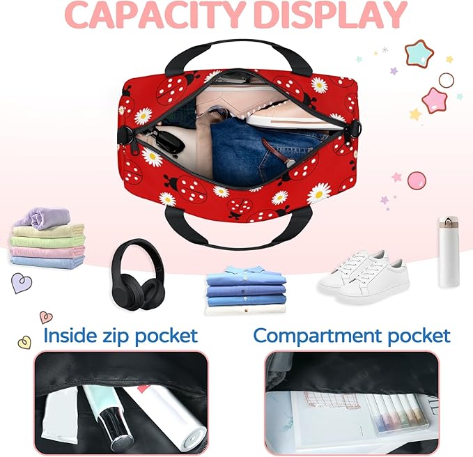 Ladybugs Red Overnight Travel Bag Unisex Carry-On Size Tote Bag Suitable for Travel Duffle Gym Sports