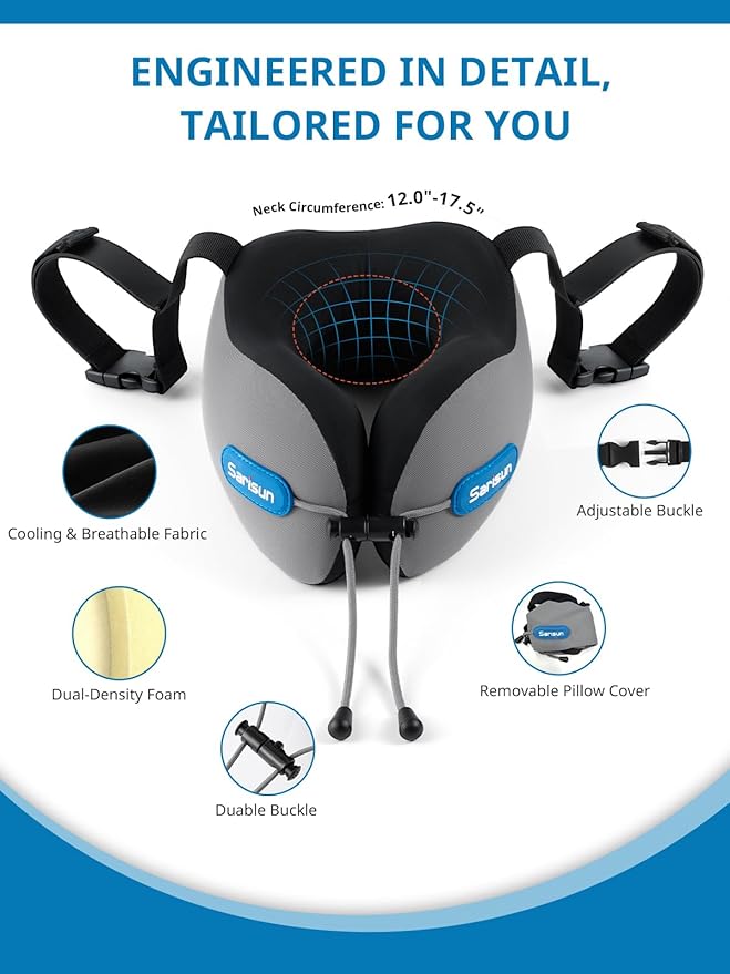 Neck Pillow, Real Neck Support Travel Pillow with Strap, Combo with 3D Eye Mask for Sleep, Dual-Density Supportive Foam Neck Pillow for Airplane Flights, Car Road Trip Travel Essentials Gray
