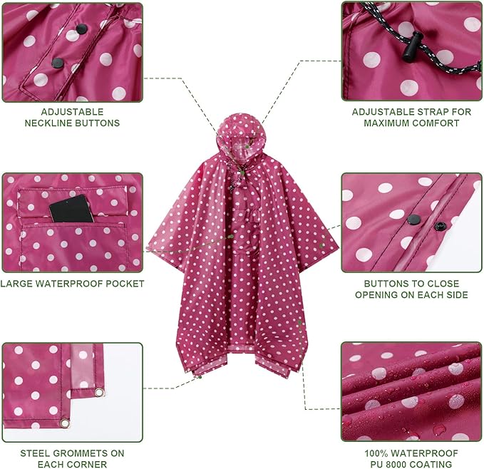 Hooded Rain Poncho for Adults - Waterproof Rain Coat and Lightweight Jacket 3-in-1 Multi-Function with Pockets
