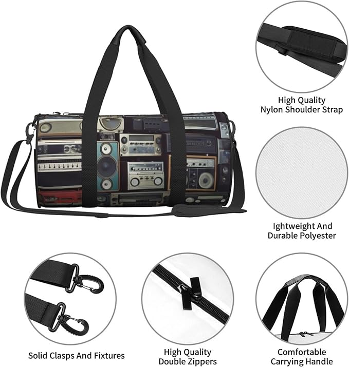 Vintage Wall of Radio Boombox Sports Gym Bag for Women Men Travel Duffel Bag Tote Weekender Bag Canvas Carry on Overnight Bag for Travel Swimming Fitness Workout Sports Duffle Bag