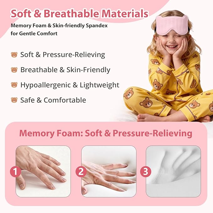 Kids Sleep Mask, 3D Sleeping Eye Mask for Kids with Adjustable Elastic Strap, Bear Shape Eye Cover with Memory Foam, Soft & Light-Blocking, Gift for Boys Girls Teens Age 5–15 (Light Pink)