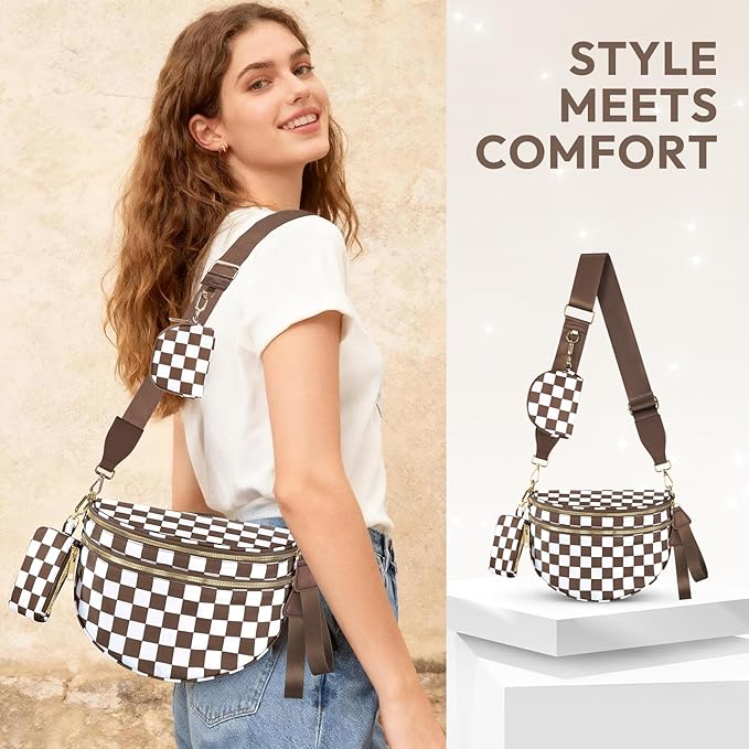 Cross Body Bag for Women Checkered Crossbody Bags Bum Bags for Women Fanny Packs for Girls Small Nylon Checkered Purse Trendy Shoulder Bag (Checkered White Brown, One Size)