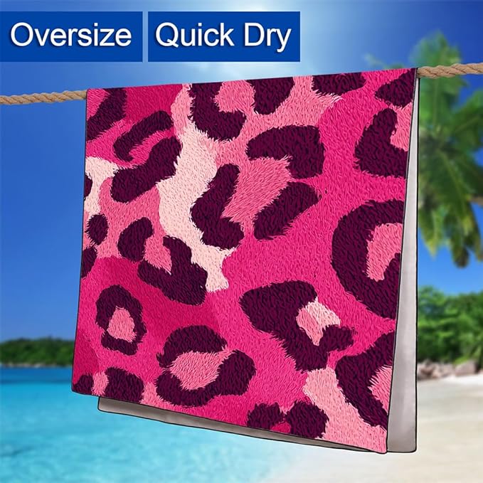 Pink Leopard Print Beach Towel, 36"x72" Sand Free Quick Dry Thin Lightweight Microfiber Towel Gifts for Women