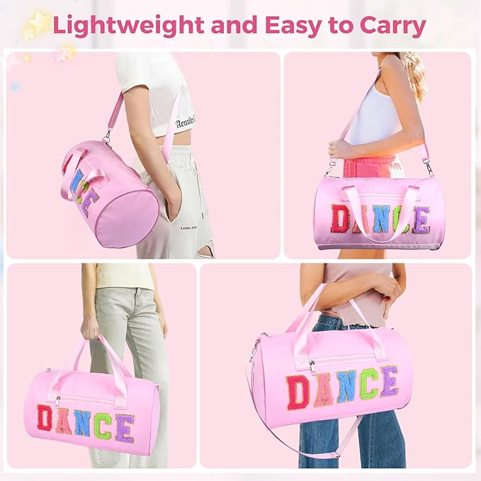 Dance Bag for Girls, KUIRAN 23L Travel Duffel Bag with Colorful Chenille Letter, Lightweight Small Gym Sport Ballet Weekender Bag with Large Main Compartment - Purple